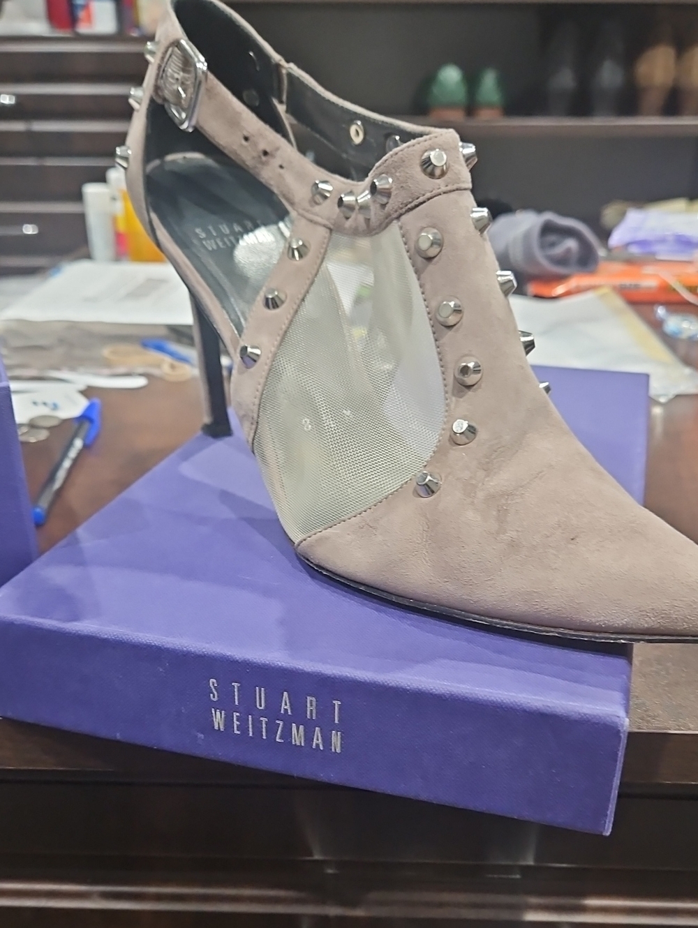 Stuart Weitzman Taupe Suede Studded Pointed-Toe Heels